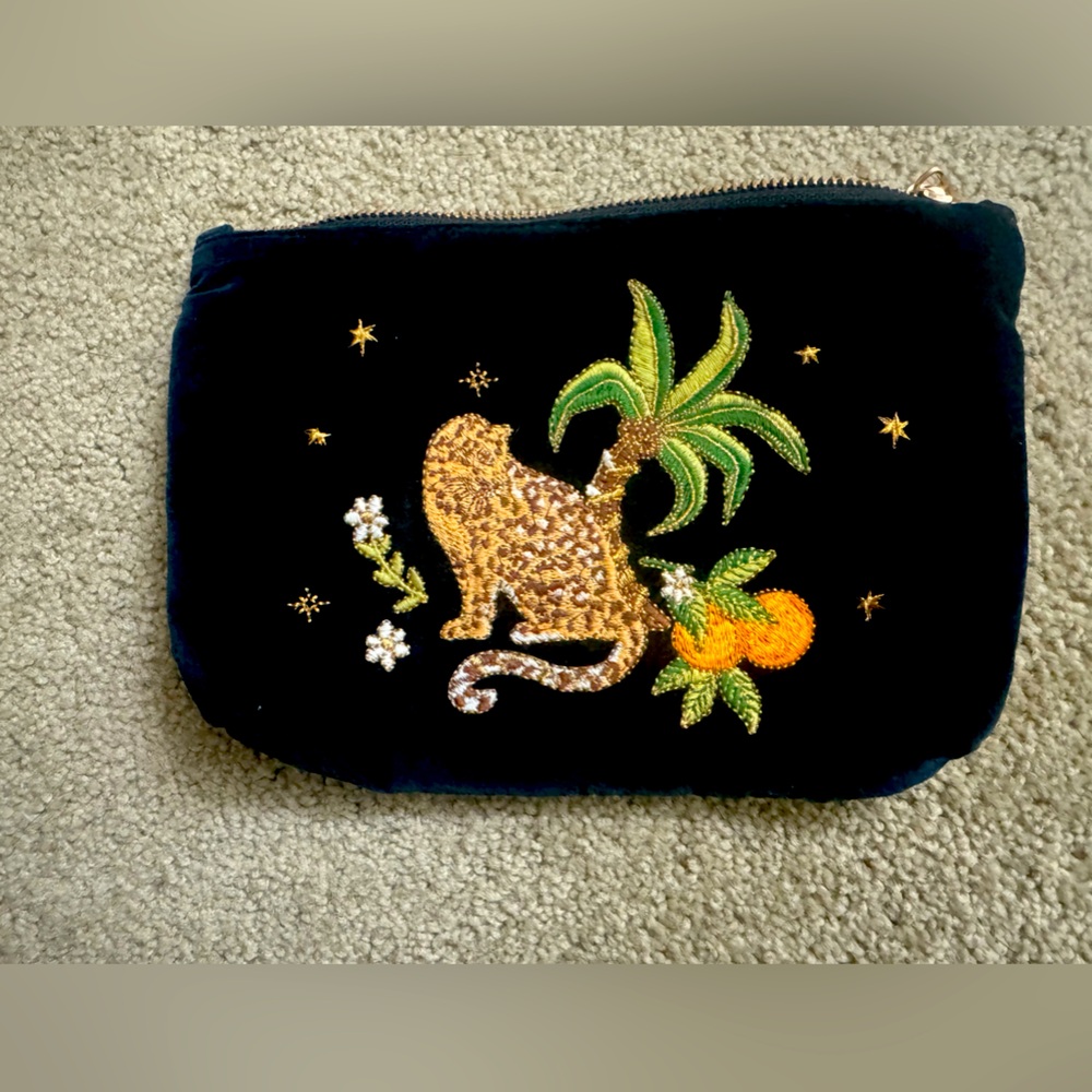 Elizabeth Scarlett -  Embroidered Velvet Clutch with Leopard and Palm Design